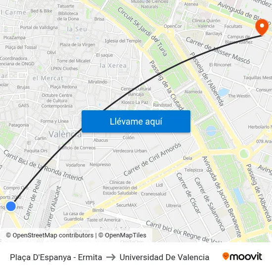 Plaça D'Espanya - Ermita to Universidad De Valencia map