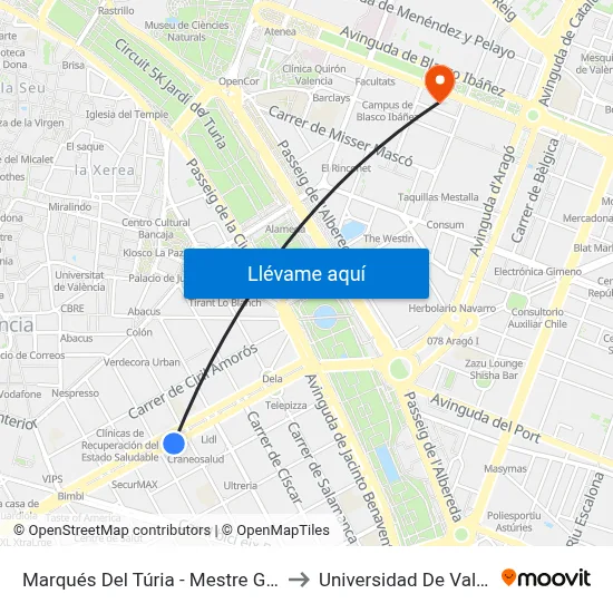 Marqués Del Túria - Mestre Gozalbo to Universidad De Valencia map