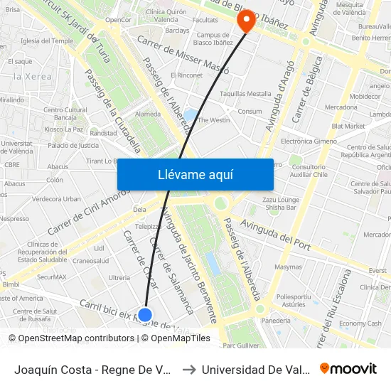 Joaquín Costa - Regne De València to Universidad De Valencia map