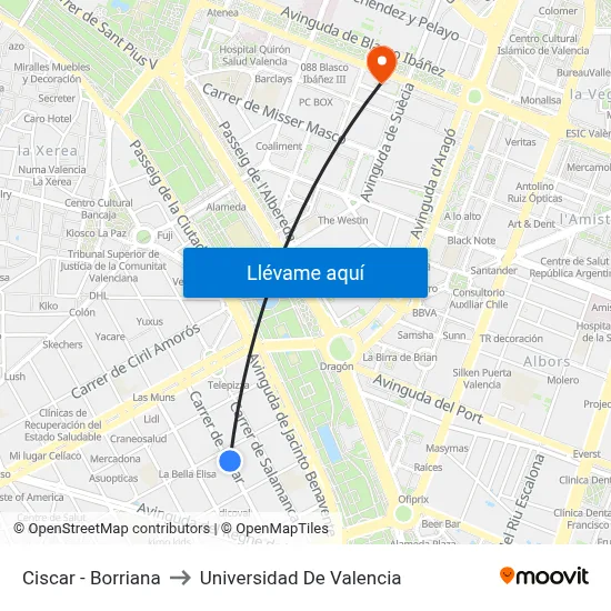 Ciscar - Borriana to Universidad De Valencia map