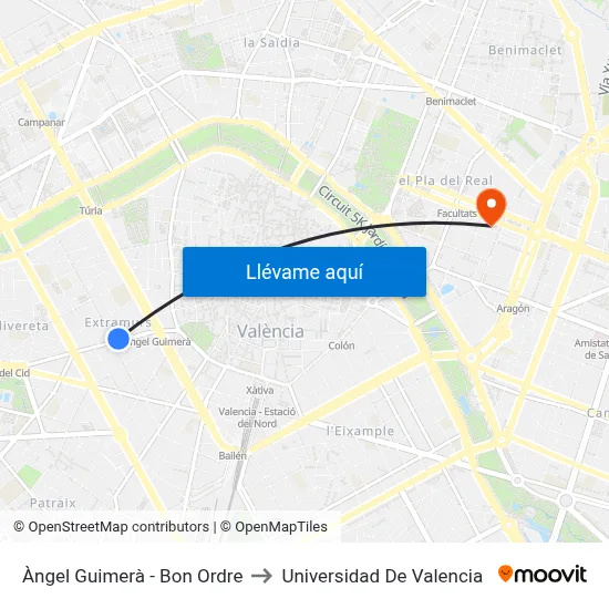 Àngel Guimerà - Bon Ordre to Universidad De Valencia map