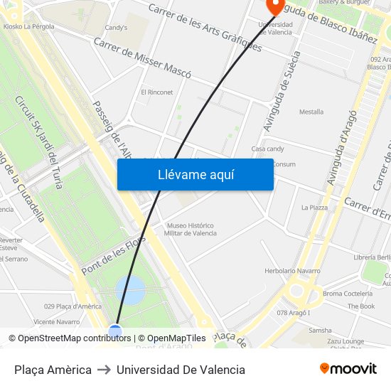 Plaça Amèrica to Universidad De Valencia map