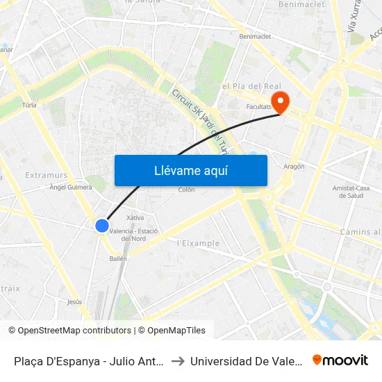 Plaça D'Espanya - Julio Antonio to Universidad De Valencia map