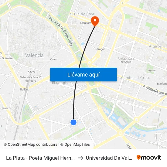 La Plata - Poeta Miguel Hernández to Universidad De Valencia map