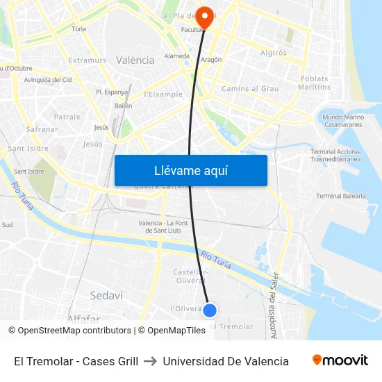 El Tremolar - Cases Grill to Universidad De Valencia map
