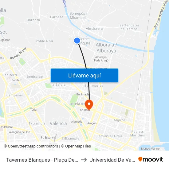 Tavernes Blanques - Plaça Del Mercat to Universidad De Valencia map