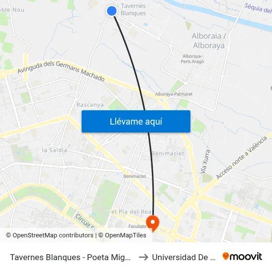 Tavernes Blanques - Poeta Miguel Hernández to Universidad De Valencia map