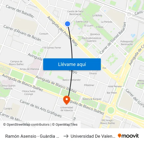 Ramón Asensio - Guàrdia Civil to Universidad De Valencia map