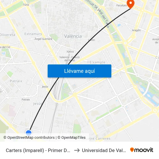 Carters (Imparell) - Primer De Maig to Universidad De Valencia map
