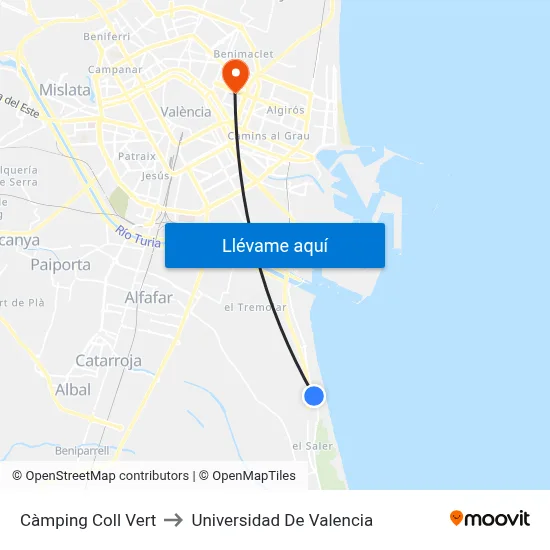 Càmping Coll Vert to Universidad De Valencia map