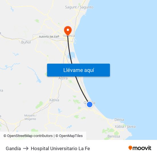 Gandía to Hospital Universitario La Fe map