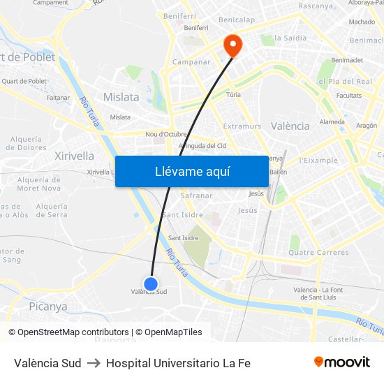 València Sud to Hospital Universitario La Fe map