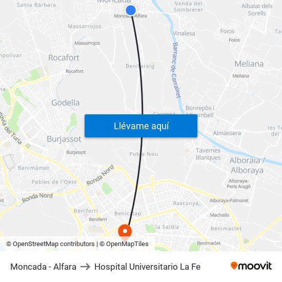 Moncada - Alfara to Hospital Universitario La Fe map