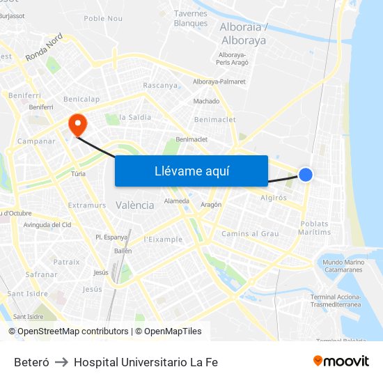 Beteró to Hospital Universitario La Fe map