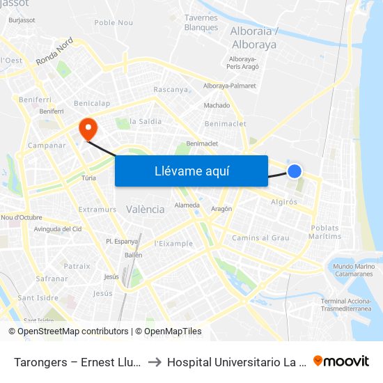 Tarongers – Ernest Lluch to Hospital Universitario La Fe map