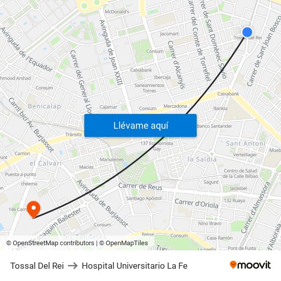 Tossal Del Rei to Hospital Universitario La Fe map