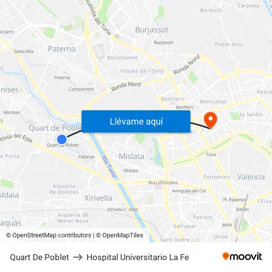 Quart De Poblet to Hospital Universitario La Fe map