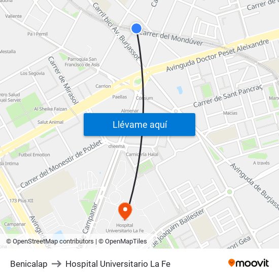 Benicalap to Hospital Universitario La Fe map