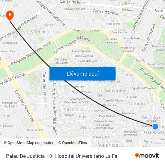 Palau De Justícia to Hospital Universitario La Fe map