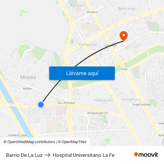 Barrio De La Luz to Hospital Universitario La Fe map