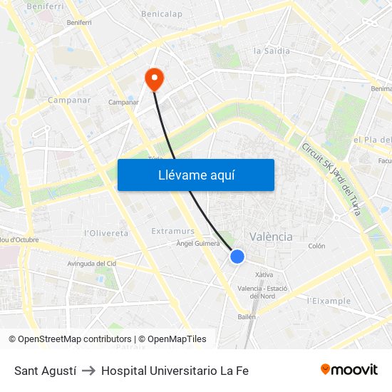 Estació Del Nord - Guillem De Castro to Hospital Universitario La Fe map