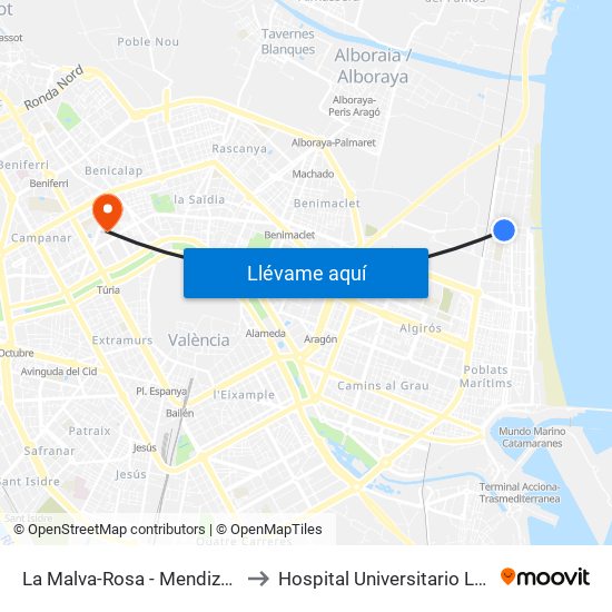 La Malva-Rosa - Mendizàbal to Hospital Universitario La Fe map