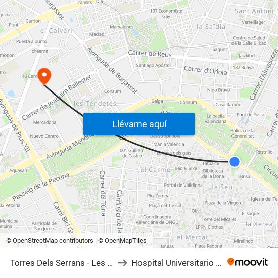Les Corts to Hospital Universitario La Fe map