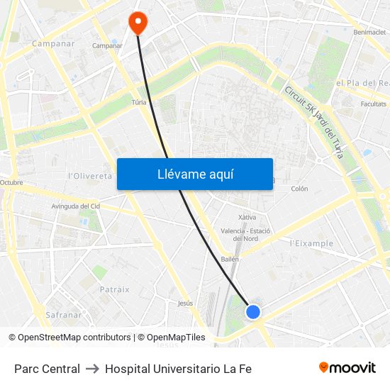 Parc Central to Hospital Universitario La Fe map