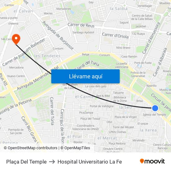 Plaça Del Temple to Hospital Universitario La Fe map
