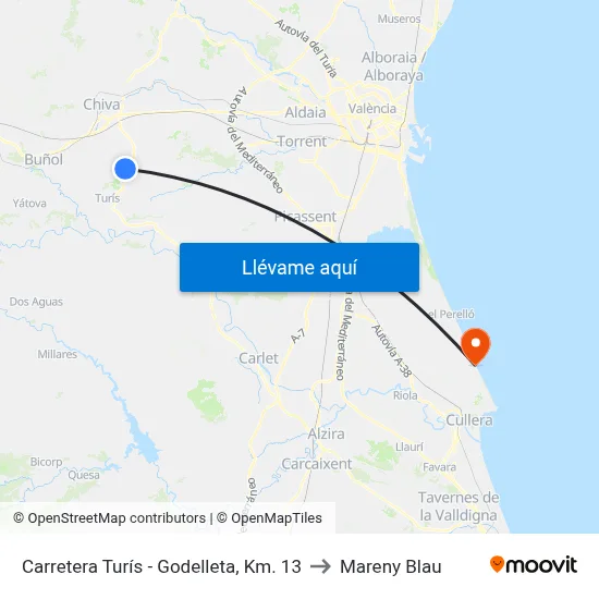 Carretera Turís - Godelleta, Km. 13 to Mareny Blau map