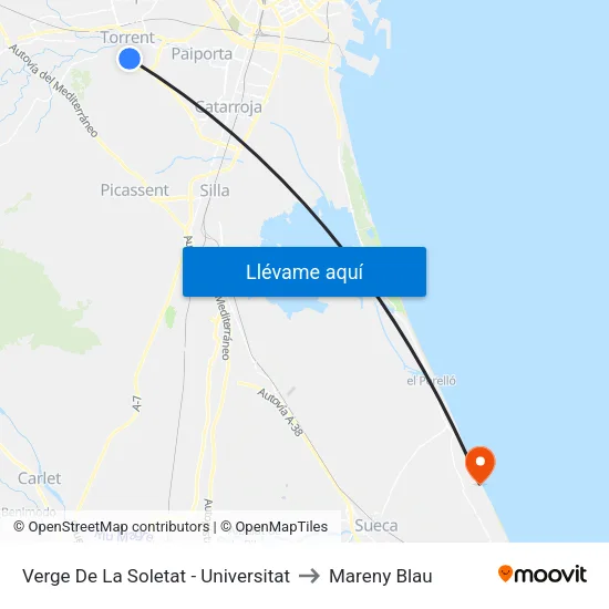 Verge De La Soletat - Universitat to Mareny Blau map