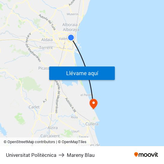 Universitat Politècnica to Mareny Blau map