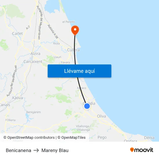 Benicanena to Mareny Blau map