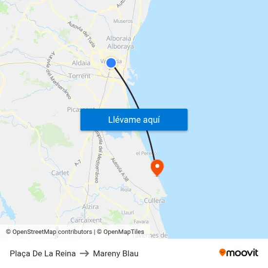 Plaça De La Reina to Mareny Blau map