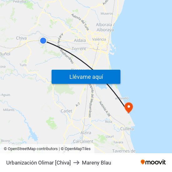 Urbanización Olimar [Chiva] to Mareny Blau map
