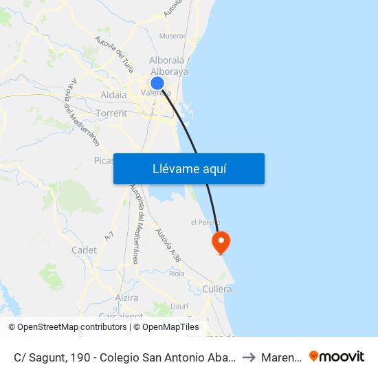 C/ Sagunt, 190 - Colegio San Antonio Abad Salesianos [València] to Mareny Blau map