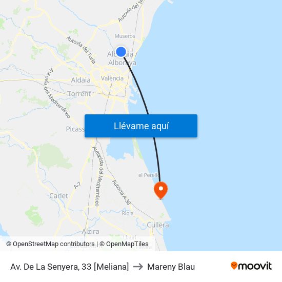 Av. De La  Senyera, 33 [Meliana] to Mareny Blau map