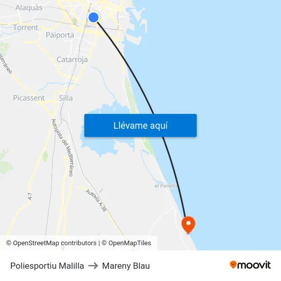 Poliesportiu Malilla to Mareny Blau map