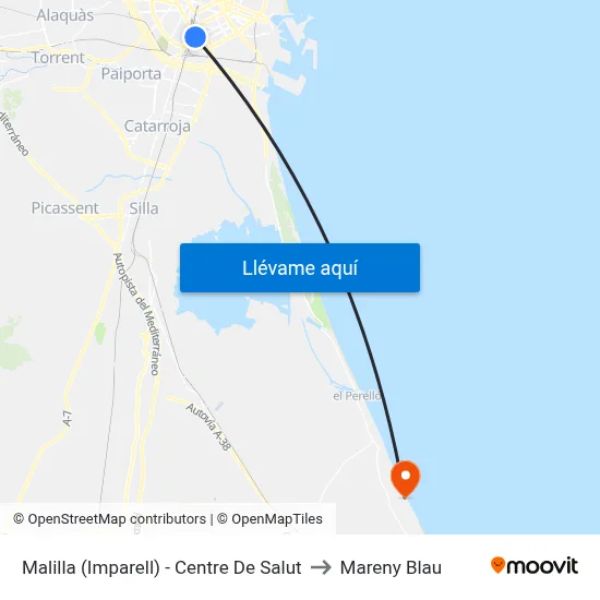 Malilla (Imparell) - Centre De Salut to Mareny Blau map