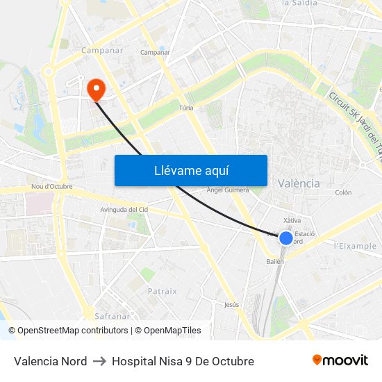 Valencia Nord to Hospital Nisa 9 De Octubre map