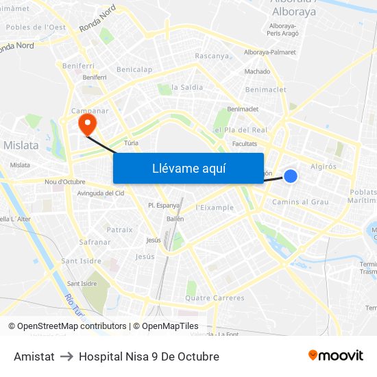 Amistat to Hospital Nisa 9 De Octubre map
