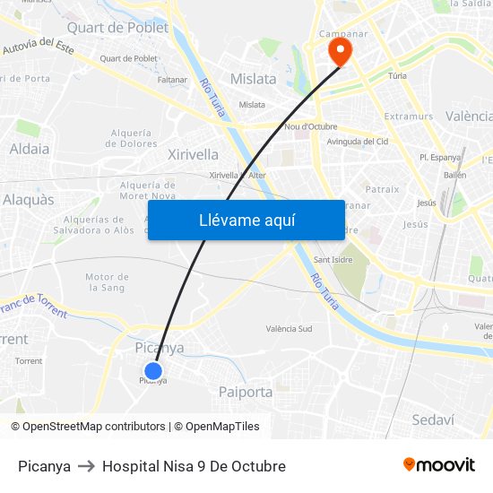 Picanya to Hospital Nisa 9 De Octubre map
