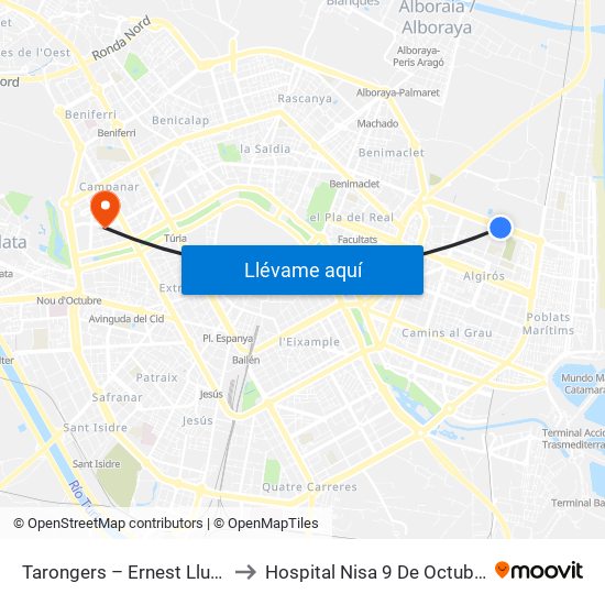 Tarongers – Ernest Lluch to Hospital Nisa 9 De Octubre map