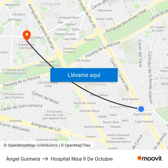 Àngel Guimerà to Hospital Nisa 9 De Octubre map