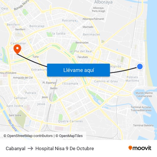 Cabanyal to Hospital Nisa 9 De Octubre map