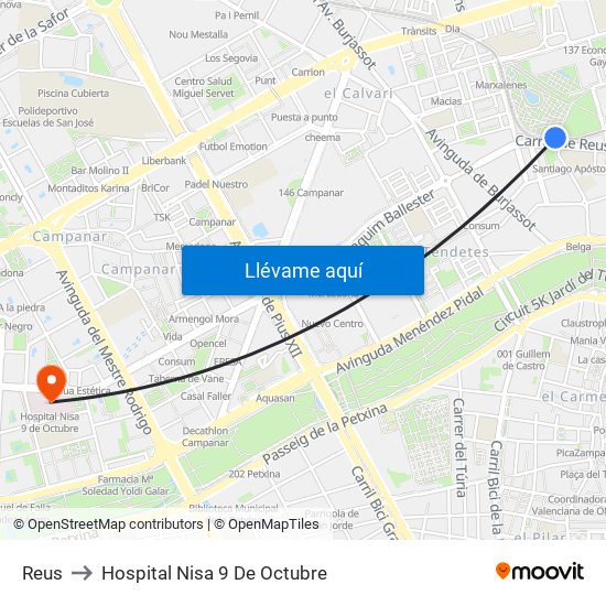 Reus to Hospital Nisa 9 De Octubre map