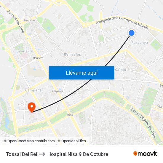 Tossal Del Rei to Hospital Nisa 9 De Octubre map