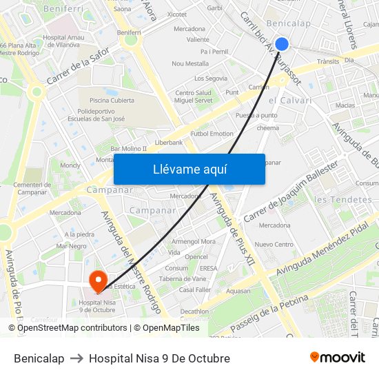 Benicalap to Hospital Nisa 9 De Octubre map