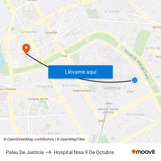 Palau De Justícia to Hospital Nisa 9 De Octubre map