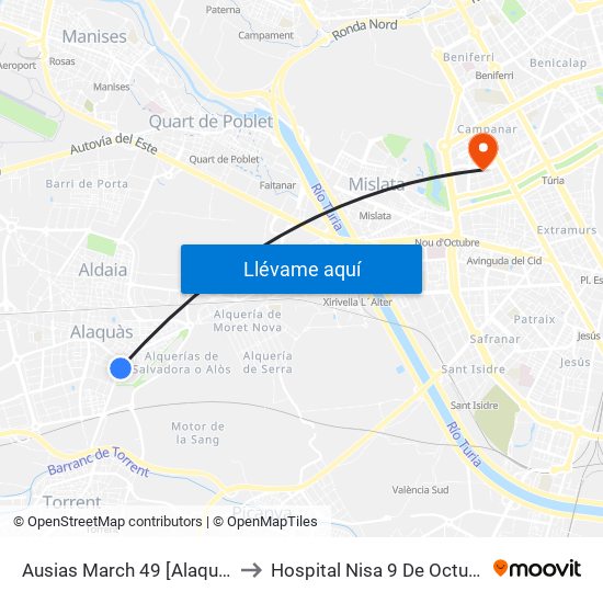 Ausias March 49 [Alaquàs] to Hospital Nisa 9 De Octubre map